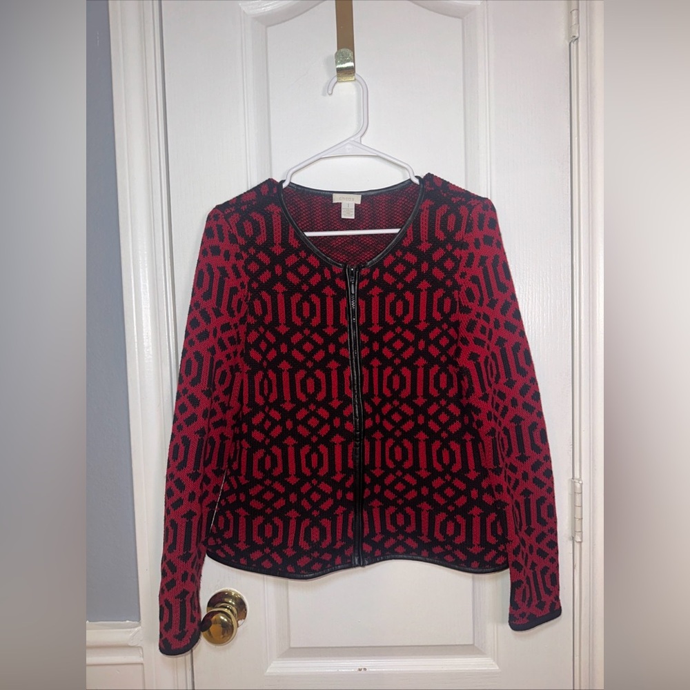Chico's sultry red black Vivid Deco Monica full zip cardigan sweater size 1